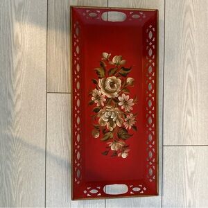 Vintage Red Floral Tin Decorative Tray